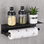 HANFU Kitchen Roll Holder Wall Mounted, Kitchen Paper Towel Rack Self Adhesive No Drilling, Aluminum Kitchen Roll Holders with Spacious Storage Shelf for Kitchen Bathroom, 34cm/13.4in, Black