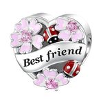 LANBEIDE Best Friend Charms, 925 Sterling Silver Love Heart European Beads Charms with Gold Ladybug Beetle Flower fit Pandora Bracelet Necklace Present for women