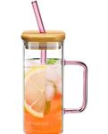 KELVEE Reusable Glass Tumbler with Wooden Lids and Straws, Glass Iced Coffee Muigs with Handle, 350ml Cute Sipper Cup, Drinking Glasses for Cocktails, Tea Cups (Square Cup)