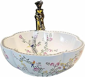 Porcelain Ceramic Bathroom Flower Shape Vanity Flower And Bird White Vessel Sink Bowl Modern American Style Above Counter Round Bowl Countertop Veesel Sink Art Basin Top Mount Without Faucet