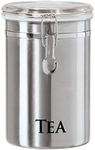 Oggi Stainless Steel Tea Canister 62 fl oz - Airtight Clamp Lid, Clear See-Thru Top - Ideal for Tea Bag Storage, Loose Tea Storage, Kitchen Storage, Pantry Storage. Large Size 5" x 7.5".