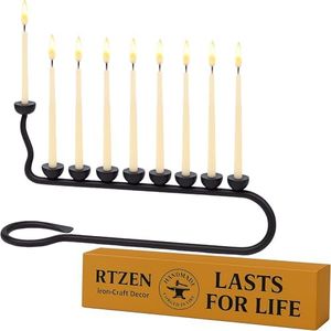 RTZEN Judaica - Wrought Iron Hanukkah Menorah, Handmade, 9 Branches Israel Décor, for All 8 Nights of Chanukah, Blacksmith Hanukah Standard 5/16 Candles Holder, Uniquely Forged Rot Metal Black