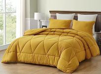 Chezmoi Collection Rory Mustard Yellow Comforter Set Oversized King Size 3-Piece Fluffy Soft Lightweight Bedding Triangle Quilted Stone-Washed Microfiber Comforter Set for All Season