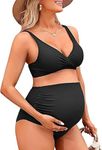 Charmo High Waisted Maternity Swimsuit Bikini Set V Neck Pregnancy Bathing Suits Push Up Two Piece Swimwear Black M