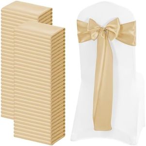 FXKS 100 Pack Champagne Satin Chair Sashes, 7 x 108 Inch, Wedding Bows