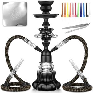 Hookah Set With Everything 14'' Shisha Hookah Complete Set - Glass Flower Vase, Ledther Hose, Foils, HookahTips, Ceramic Bowl, Coal Tong (Black)