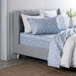 MARTHA STEWART Posy Twin Bed Sheets - 3 Piece Set, 100% Egyptian Cotton, 1 Flat Sheet, 1 Fitted Sheet, 1 Pillowcase, Durable & Breathable Bedsheets, Easy Care, Floral, Soft Blue