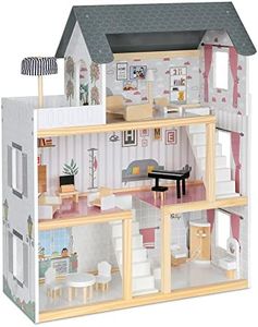 Lil' Jumbl Jumbl Kids Wooden Dollhouse, 17-Piece Accessories & Furniture are Included, with Balcony & Stairs, 3 Story Easy to Assemble Doll House Toy