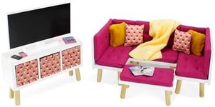 Emily Rose New 18" Doll Wooden Pink Living Room Sectional Sofa Bed and Entertainment Unit with TV, Pretend Fireplace, Storage Bins and Magazines | Doll Furniture Compatible with American Girl Dolls