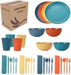 BgfDomShip 32PCS Dinnerware Set,Reusable Wheat Straw dinnerware Set for 4,dinnerware Sets Microwave and Dishwasher Safe,Perfect for Picnics,Parties,Barbecues,and Camping (DeepColors, 32)