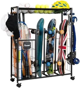 PLKOW Skateboard Storage Rack with Wheels, Sports Organizer for Skateboards, Scooters, Balls, Helmets and Sports Gear, Heavy Duty Sports Storage Rack for Garage, Home or School Use