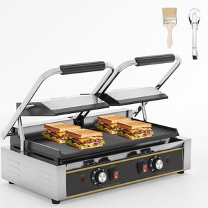 Commercial Panini Press - 3600W Commercial Electric Sandwich Maker w/Dual Independent Temp Controls, Double-Sided Heating, Panini Grill Press 19"x9" Nonstick/Grooved Plates for Panini & Sandwiches