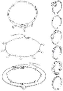 JFORYOU Anklets and Toe Ring Set for Women Girl Silver Rose Gold Chain Layered Anklets Toe Rings Ankle Bracelets Open Adjustable Toe Rings Beach Foot Jewelry