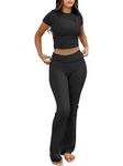 ANRABESS 2 Piece Sets for Women Lounge Loungewear Sets Foldover Yoga Flare Leggings Pants and Cropped Tops Casual Y2K Outfits, Black, X-Small