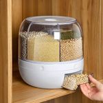 Matiko Automatic Plastic 360 Degree Rotation Cereal Dry Food Rice Grain Storage Dispenser Box, with Measuring Cup, 10 kg, White (round rice dispenser)