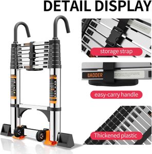 3.2M Telescopic Ladder – Stainless Steel Loft Ladder with Stabilizer Bar & Hooks