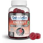 VITALDIN Energy Gummies – 70 Energy Chewable Gummies with Ginseng, Guarana, Caffeine & Taurine – Improves Concentration & Physical and Mental Boost – Cherry Flavour – Vegan