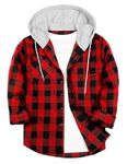 TARAINYA Mens Flannel Hooded Shirts Plaid Casual Long Sleeve Drawstring Shirt with Pockets Red Black Buffalo L