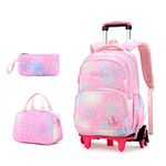 EKUIZAI Colorful Heart Print Trolley Backpack Elementary School Students Rolling Bookbag Cute Girls Backpack with Wheels, 3pcs-pink, 3pcs 6-Wheels, Classic