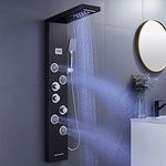 MENATT LED Shower Panel Tower System, 5 in 1 Stainless Steel Shower Column, Rainfall & Waterfall Shower Head, Massage Jets, Tub Spout, Handheld Shower(Black)