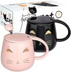 DONGSHANGIFT Cat Mugs Set of 2 Cute Cat Tea Cup Set Ceramic Coffee Mug with Lid and Spoon Cute Mugs for Women Girls Cat Lovers 13oz/380ml Christmas Birthday Cat Gift Mug (Black and Pink)