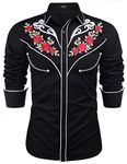 COOFANDY Men's Western Cowboy Shirt Long Sleeve Embroidered Shirt Slim Fit Cotton Casual Button Down Shirt, Black (Retro Rose), S