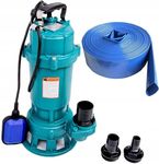 1100W Submersible Dirty Water Pump Grinder Sewage Well Septic Flood Sewage Sump (1100W Pump & 50m Blue Hose)