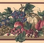 Concord Wallcoverings Wallpaper Border Kitchen Pattern Leaves Fruits Berries on Wooden Shelf, Cream Green Falu Red Brown Pink, 9 Inches by 15 Feet KH771B