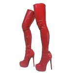 Frankie Hsu Punk Platform Stiletto Over The Knee Boots, Yellow Patent Thigh High Style, Large Big Size Fashion Goth Modern Heeled Long Tall Shoes For Women Men, Red, 7