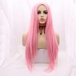 Xiweiya Wigs Rose Red Wig Straight Hair None Lace Synthetic Machine Made Disposable Wig Silky Full Heat Resistant Fiber Hair Middle Part Wig for Women 24 Inch for Makeup Party Cosplay