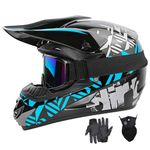 Motocross Helmets Youth Dirt Bike Helmet Fashion Kids Off-Road Mountain Bike Motorcycle Helmet DOT Approved (Gloves Goggles Face Shield) 4Pcs Set (Blue, Medium)