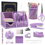 12 in 1 Purple Desk Organizers and Accessories Set purple Office Supplies purple Stapler Pen Holder Tape Holder Staples Scissors Ruler Staple Remover for Home School Gifts for Coworkers Woman Men