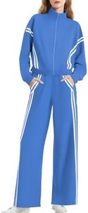 Casly Lamiit Womens Two Piece Sweatsuit Matching Lounge Outfits Track Suit Sets Zip-Up Sweatshirt Stripes Jogger Pants Casual Athletic Clothing Blue Plus Size 2XL