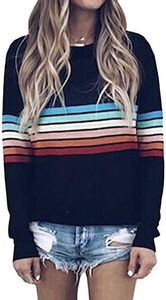 ECOWISH Women's Sweater Rainbow Colorful Striped Sweaters Long Sleeve Crew Neck Color Block Casual Pullover Blouse Tops Black X-Large