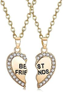 Best Friends Necklaces for 2 Girls BFF Necklace for 2 Cute Broken Heart Pendant Necklace Silver Gold Rhinestone Engraved Best Friend Gift Friendship Jewelry for Kids (Gold)