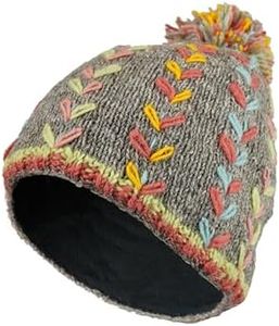 Women Wool Beanie Bobble Hat Fleece Lined Handknitted Flower Embroidered Grey One-Size Handmade Extra Warm Pachamama Fair Trade, Grey, Multicoloured, One Size-M