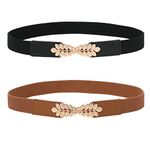 2 Pack Women Stretchy Belt for Dresses Retro Elastic Belts for Women Metal Buckle Skinny Waist Belt(Black+Brown，Leaf Buckle)