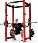 Mikolo 3"x3" Power Cage, Multi-Function Power Rack with LAT Pull Down Pulley System, Commercial Squat Rack for Home Gym with 3x3 Attachment, 1500 lbs Weight Capacity-Red