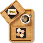 Serving Tray Set - Bamboo Wooden Trays for Food, Tea, Coffee, Drinks & More - 1 Large Wooden Tray & 2 Small Bamboo Trays - by LARHN