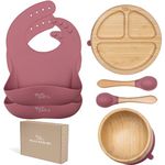 Yum Yum's Set of 6, Baby Feeding Set, Baby Plates with Suction, Bamboo Plates, Baby Bowl & Wooden Spoons | Baby Weaning Set, Suction Bowl and Baby Plate,Baby weaning Bibs, Bamboo Weaning Set for Kids