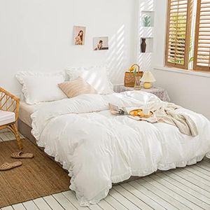 Merryword White Bedding Set Queen Size Boho Ruffle Duvet Cover Solid Color Ruffled Fringe Soft Washed Microfiber Bedding Sets 3Pcs with 2 Pillow Shams (Queen, White)