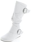 Forever Link Women's Closed Round Toe Buckle Slouch Flat Heel Mid-Calf Boot, White Pu, 5.5 UK