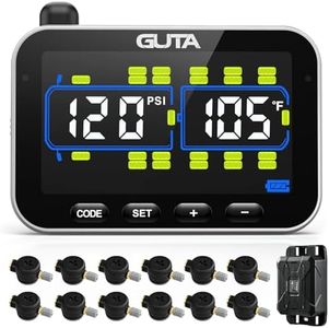 GUTA Tire Pressure Monitoring System, RV Trailer TPMS with 12 Flow Thru Sensors & Color LCD Display, 6 Alert Modes, Signal Booster, Long-Distance Sensing, for Trailer, Trucks, Motor Home (0-188 PSI)