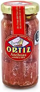 Ortiz Anchovies in Extra Virgin Olive Oil, Firm Buttery Fillets with a Rich Umami Taste, Wild Caught in Spain, Great for Pizza, Pasta and Caeser Salad, 3.3oz Glass Jar (Pack of 1)