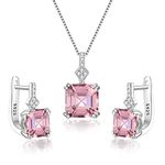 EleQueen 925 Sterling Silver Cubic Zirconia Pink Solitaire Square Pendant Necklace and Hoop Huggie Earrings Jewelry Set for Bride Bridesmaids, Valentine's Day/Mother's Day/Christmas Jewerly Gift for Wife/Mom