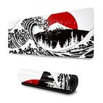 Black and White Japanese Kanagawa Wave Red Sun Gaming Mouse Pad XL Extended Large Mouse Mat Desk Pad Stitched Edges Mousepad Long Non-Slip Rubber Base Mice Pad 31.5 X 11.8 Inch