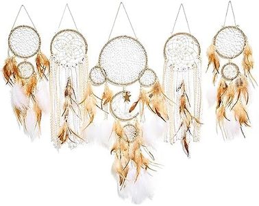 FeelfunFeather 5 Pack Dream Catchers Sun Moon Design Large Handmade Boho Wall Hanging Ornament with Decorative Feathers for Boys Girls Bedroom Living Home Decoration (Brown)