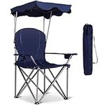 Goplus Beach Chair with Canopy Shade, Folding Lawn Chair with Umbrella Cup Holder & Carry Bag, Portable Sunshade Chair for Adults for Outdoor Travel Hiking Fishing (Blue)