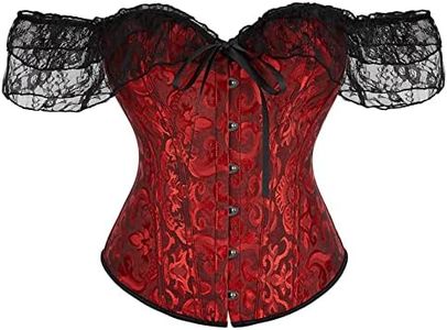 Moessa Women Floral Lace Off Shoulder Corset Bustier Boned Overbust Corset Bodyshaper Lingerie Top, Black/Red, Small