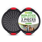 2-Pc. Non-Stick Pizza Tray - with Silicone Handle, Round Steel Non-Stick Pan with Perforated Holes, Dishwasher Safe, Pizza Tray with Silicone and Oversized Handle, PFOA, PFOS, PTFE Free - NCBPIZX2